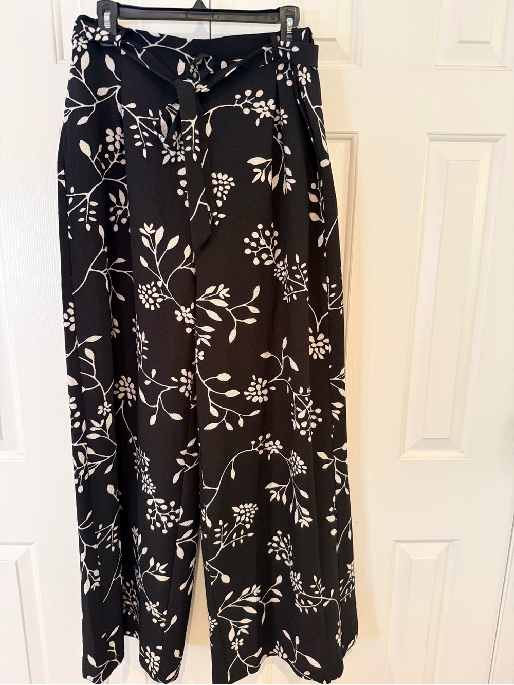Wide Leg Tie-Waist Pants - Black and White Floral